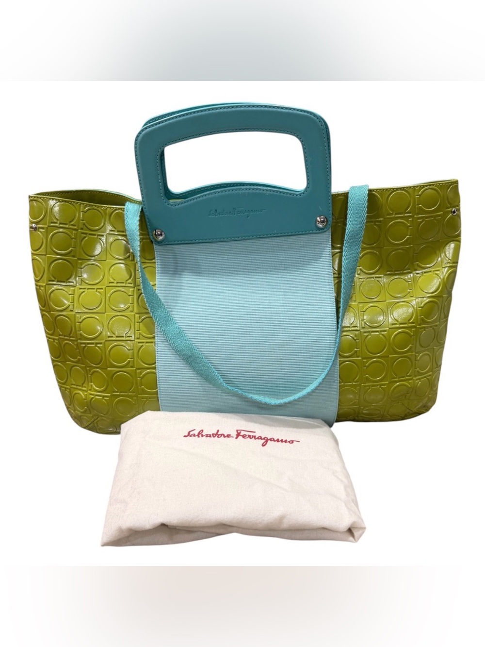 Salvatore Ferragamo Two-Tone Aqua and Lime Tote-Pre Owned